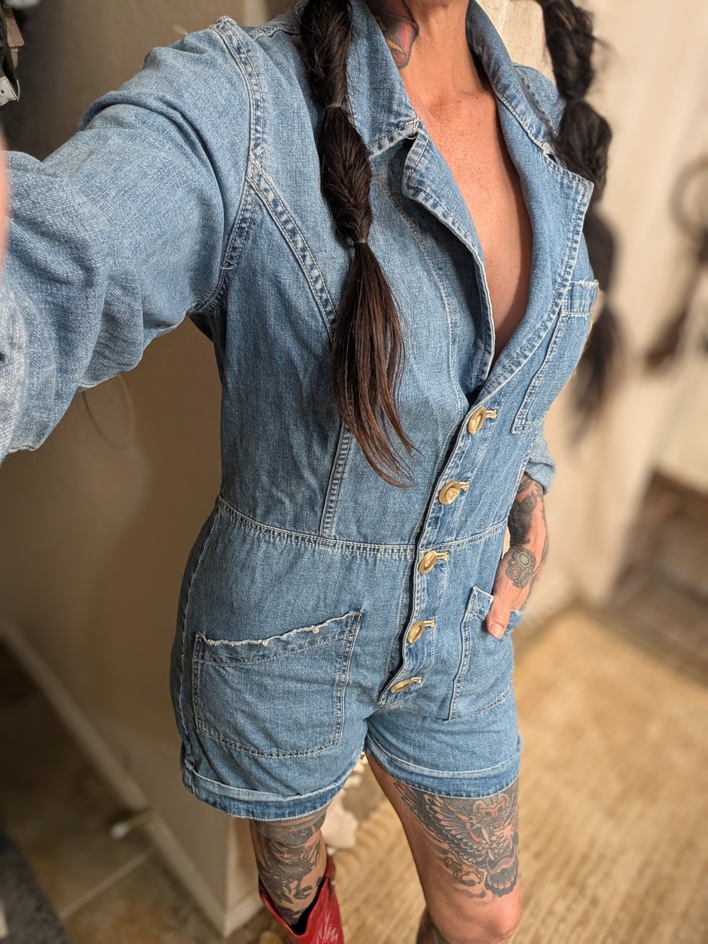 Free People Light Blue Denim Short Overalls Romper